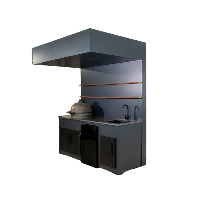 Grillandia Open Kamado Cabana Anthracite with Boretti Ceramica L Charcoal Kamado, Klarstein Beersafe XXL Showcase Beverage Cooler, Sink, Granite Worktop & LED Lighting