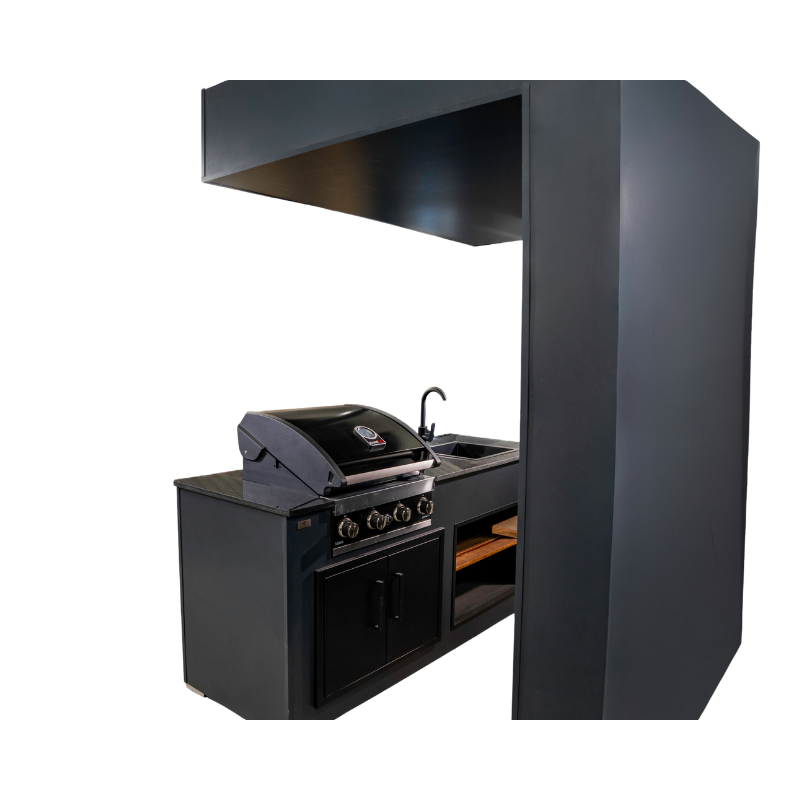 Grillandia Open Grill Cabana Pro Anthracite with Grandhall Premium G4 4-Burner Gas BBQ, Sink, 40-inch LED TV, Granite Worktop, Bar Counter, LED Lighting & Shelving