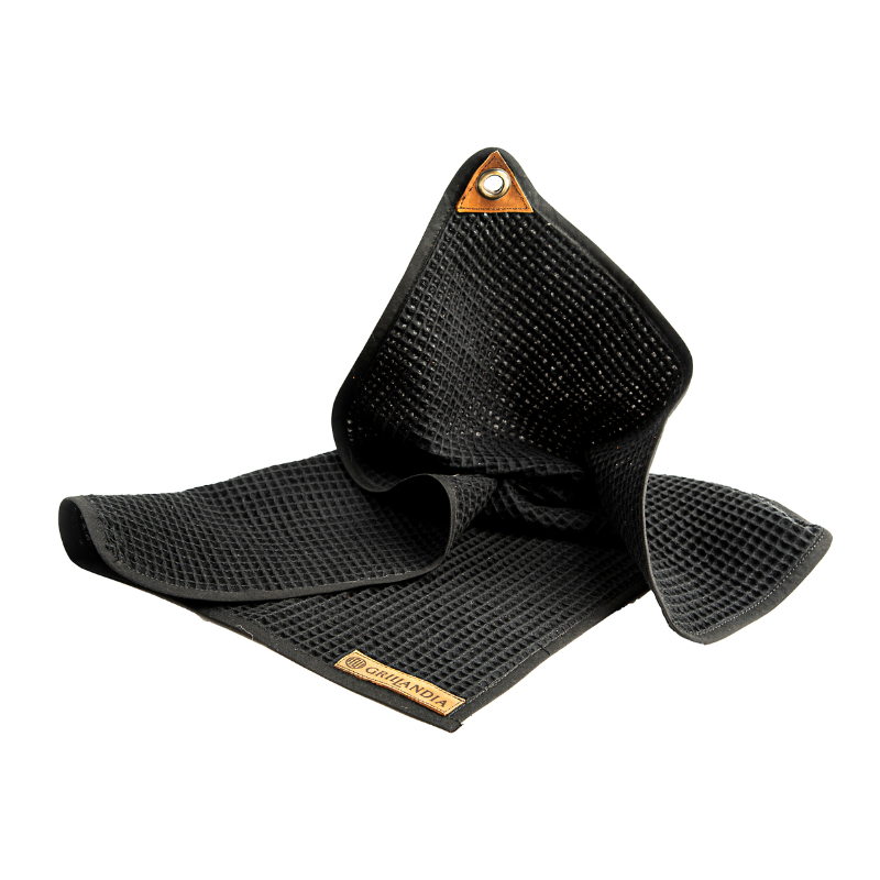 BBQ Towel Black Cotton Waffle 100% Kitchen Towel with Logo Embossed Grillandia Design, Highly Absorbent & Apron Attachment Hook