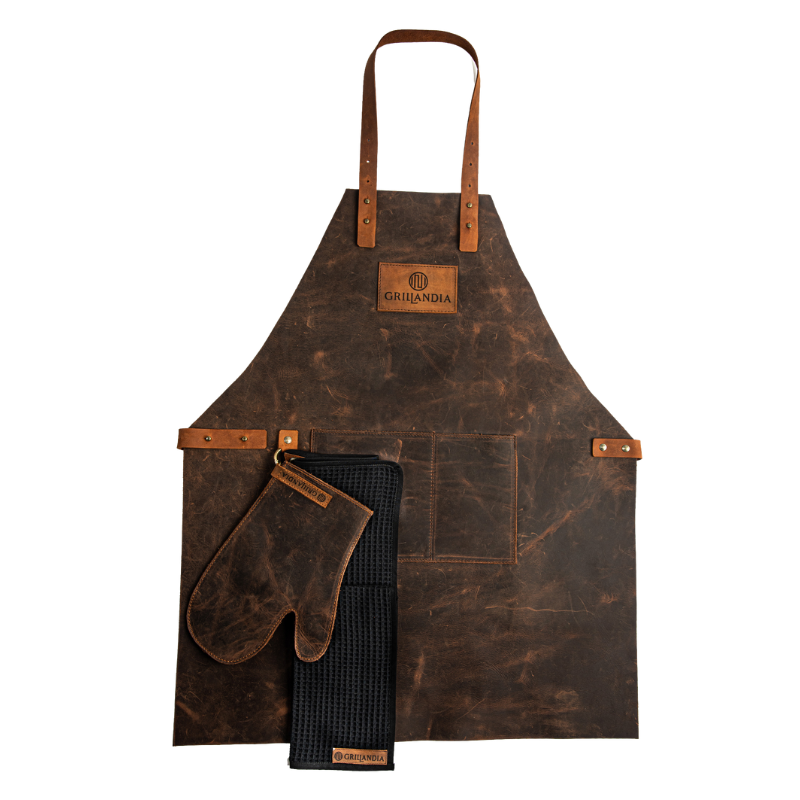 Grillandia BBQ Chef Outfit Set with Leather BBQ Apron, Heat Resistant Glove, Cotton Waffle Towel & Wooden Gift Box