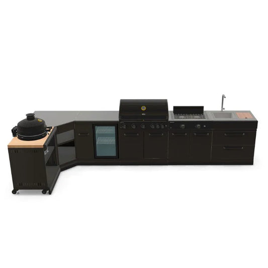 Blaze GRLLR L-Shape Outdoor Kitchen, G5S 5 Burner BBQ, Stove, Fridge, Sink & Kamado Unit