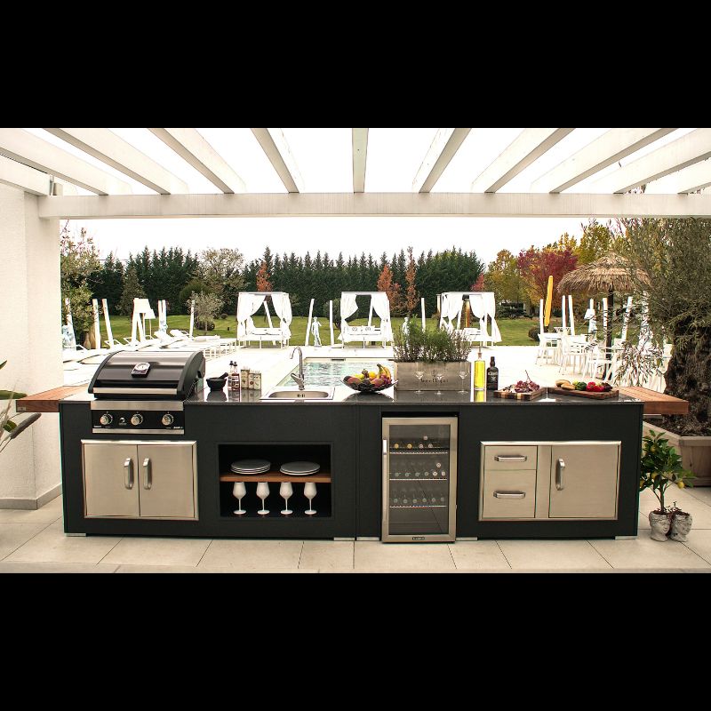 Grillandia Medium Rare Outdoor Kitchen Anthracite with Gas BBQ, Sink, Storage, Fridge & Gas Hob