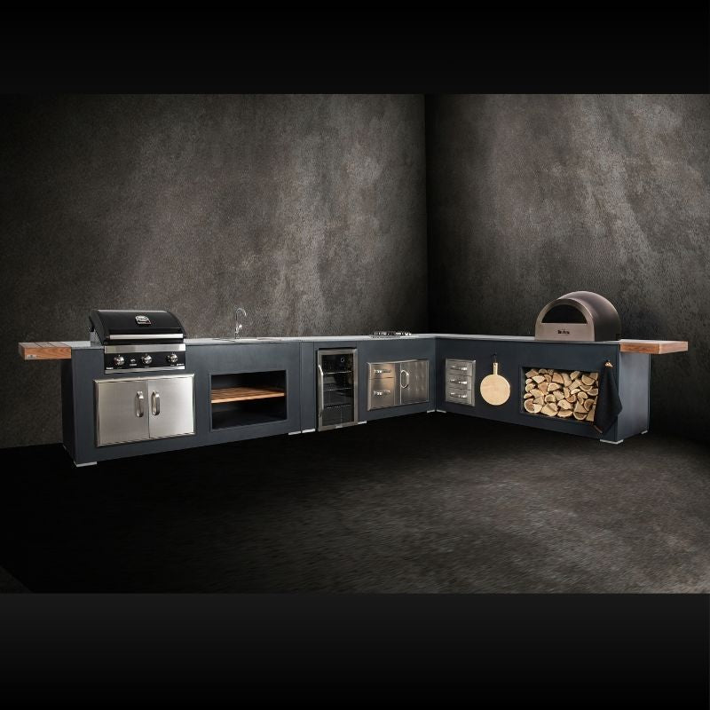 Grillandia Medium L-Shaped Outdoor Kitchen Anthracite with Gas BBQ, Gas Hob, Fridge, Pizza Oven, Sink & Storage
