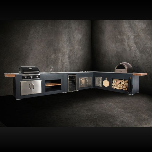 Grillandia Medium L-Shaped Outdoor Kitchen Anthracite with Gas BBQ, Gas Hob, Fridge, Pizza Oven, Sink & Storage