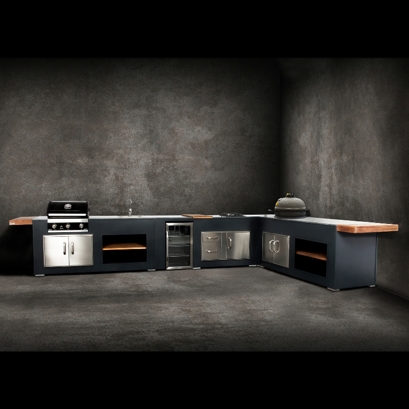 Grillandia Medium Well L-Shaped Outdoor Kitchen Anthracite with Gas BBQ, Kamado, Sink, Fridge, Gas Hob, Granite Worktop & Storage