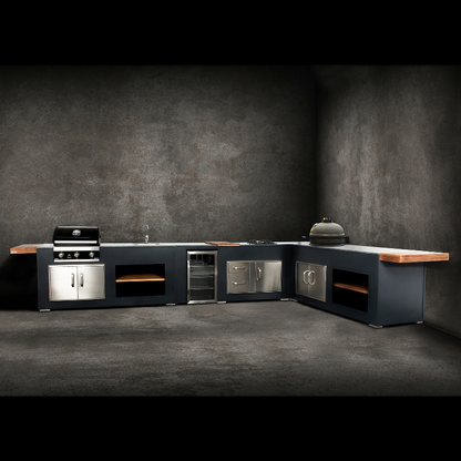 Grillandia Medium Well L-Shaped Outdoor Kitchen Anthracite with Gas BBQ, Kamado, Sink, Fridge, Gas Hob, Granite Worktop & Storage