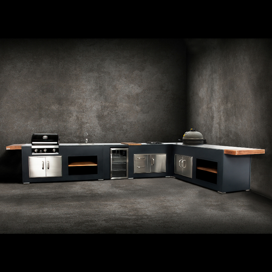 Grillandia Medium Well L-Shaped Outdoor Kitchen Anthracite with Gas BBQ, Kamado, Sink, Fridge, Gas Hob, Granite Worktop & Storage