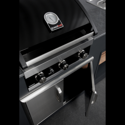 Grillandia Medium Well L-Shaped Outdoor Kitchen Anthracite with Gas BBQ, Kamado, Sink, Fridge, Gas Hob, Granite Worktop & Storage