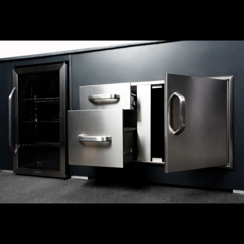 Grillandia Medium Well L-Shaped Outdoor Kitchen Anthracite with Gas BBQ, Kamado, Sink, Fridge, Gas Hob, Granite Worktop & Storage