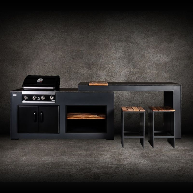 Grillandia Rare Ultimate Outdoor Kitchen Anthracite with Gas BBQ, Storage, Swivel Bar Unit & Stools