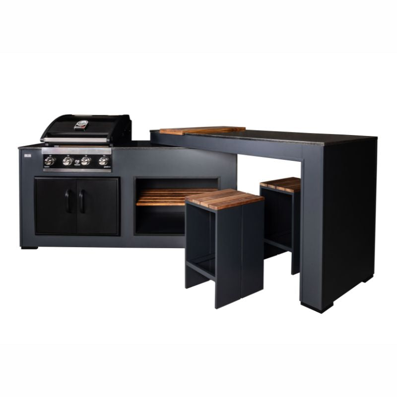 Grillandia Rare Ultimate Outdoor Kitchen Anthracite with Gas BBQ, Storage, Swivel Bar Unit & Stools