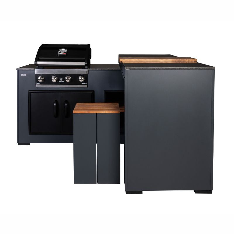 Grillandia Rare Ultimate Outdoor Kitchen Anthracite with Gas BBQ, Storage, Swivel Bar Unit & Stools