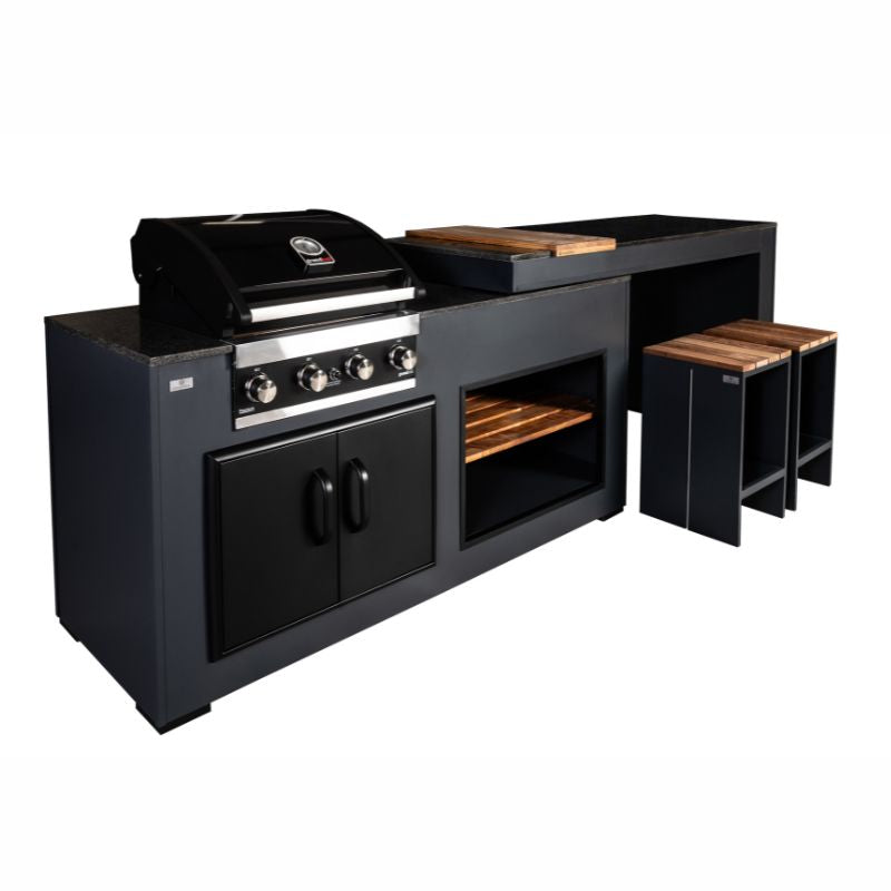 Grillandia Rare Ultimate Outdoor Kitchen Anthracite with Gas BBQ, Storage, Swivel Bar Unit & Stools