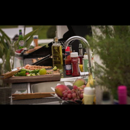 Grillandia Well Done Outdoor Kitchen Anthracite with Grandhall G4 Gas BBQ, Boretti Kamado, Drink Cooler, Gas Hob, Sink, Granite Worktop, Bar Seating & Storage