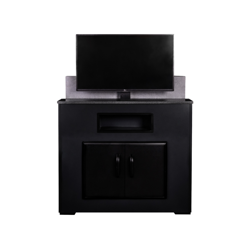 Cosy TV Lift Cabinet Anthracite with Automatic Remote TV Mount, Granite Top, Aluminium Frame & Storage Shelf