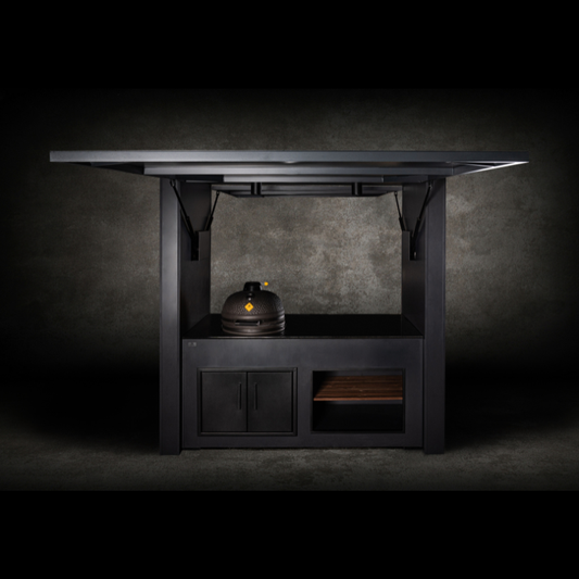 Grillandia Dual Kamado Cabana Anthracite with Boretti Ceramica L Charcoal Kamado, Granite Worktop, LED Lighting, Bar Stools & Storage