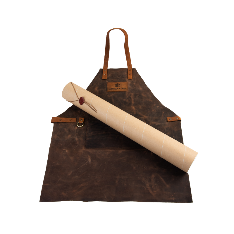 BBQ Apron Dark Brown Leather with Adjustable Straps, Heat Resistant 240°C, Double Pocket & Antique Copper Rivets