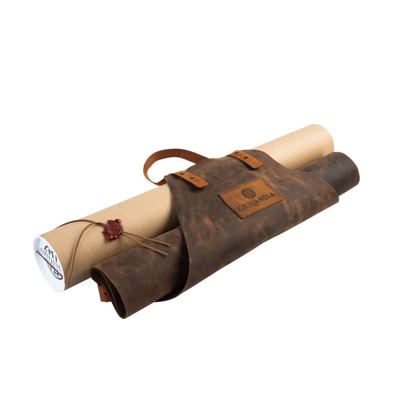 BBQ Apron Dark Brown Leather with Adjustable Straps, Heat Resistant 240°C, Double Pocket & Antique Copper Rivets