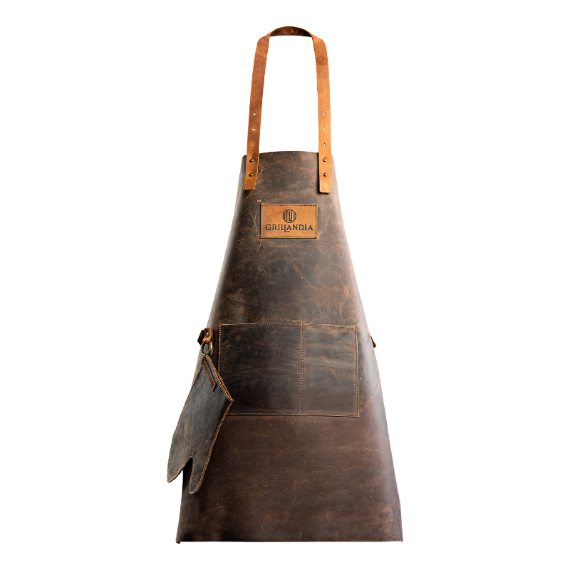 BBQ Apron Dark Brown Leather with Adjustable Straps, Heat Resistant 240°C, Double Pocket & Antique Copper Rivets