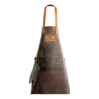BBQ Apron Dark Brown Leather with Adjustable Straps, Heat Resistant 240°C, Double Pocket & Antique Copper Rivets