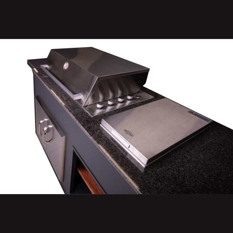 Grillandia Medium Rare Pro Line Outdoor Kitchen Anthracite with Beefeater & Grandhall Gas BBQs, Side Burner, Sink, Liebherr Fridge, Gas Hob & Granite Worktop