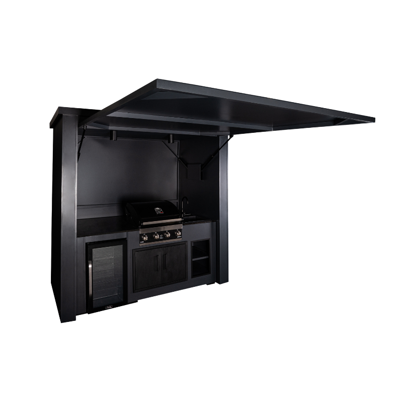 Grillandia Dual Multi Cabana Anthracite with Premium G4 4-Burner Gas BBQ, Klarstein Beersafe XXL Onyx Showcase Drink Cooler, Granite Worktop, LED Lighting, Bar Stools & Storage
