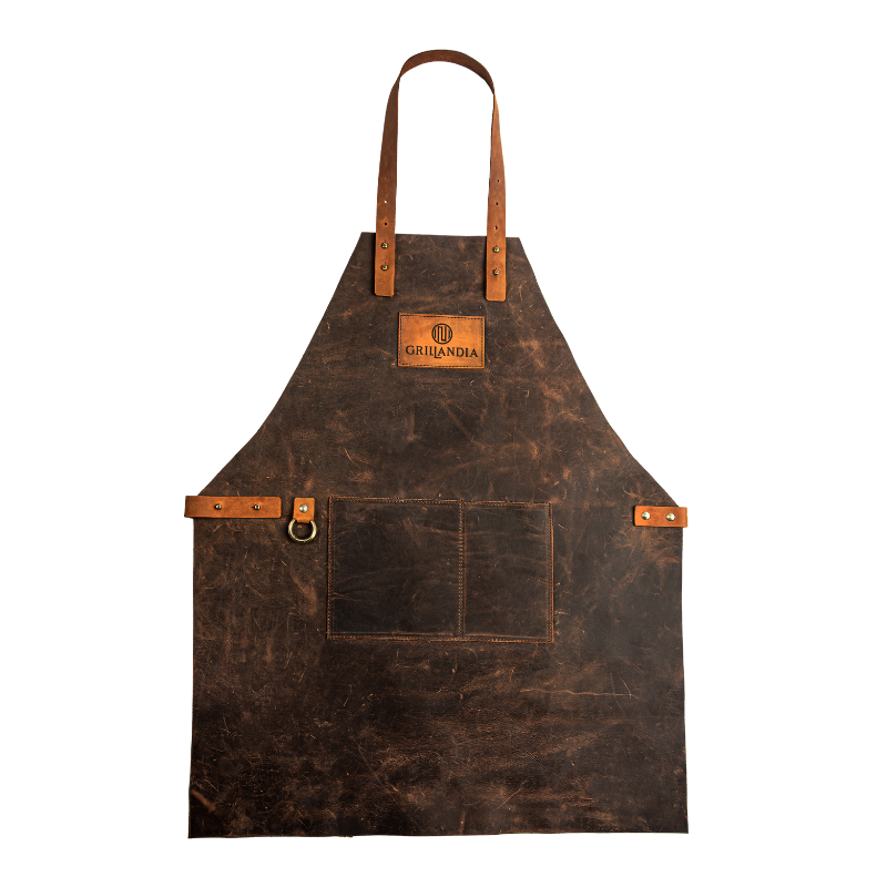 BBQ Apron Dark Brown Leather with Adjustable Straps, Heat Resistant 240°C, Double Pocket & Antique Copper Rivets