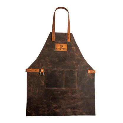 BBQ Apron Dark Brown Leather with Adjustable Straps, Heat Resistant 240°C, Double Pocket & Antique Copper Rivets