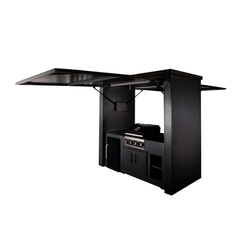 Grillandia Dual Multi Cabana Anthracite with Premium G4 4-Burner Gas BBQ, Klarstein Beersafe XXL Onyx Showcase Drink Cooler, Granite Worktop, LED Lighting, Bar Stools & Storage