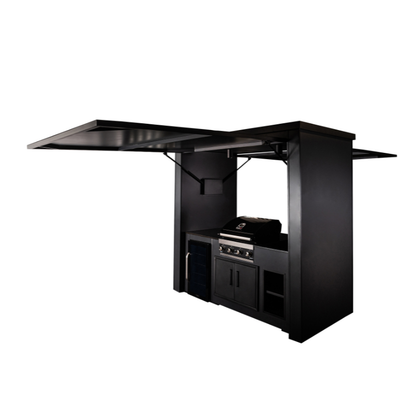 Grillandia Dual Multi Cabana Anthracite with Premium G4 4-Burner Gas BBQ, Klarstein Beersafe XXL Onyx Showcase Drink Cooler, Granite Worktop, LED Lighting, Bar Stools & Storage