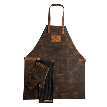 BBQ Apron Dark Brown Leather with Adjustable Straps, Heat Resistant 240°C, Double Pocket & Antique Copper Rivets