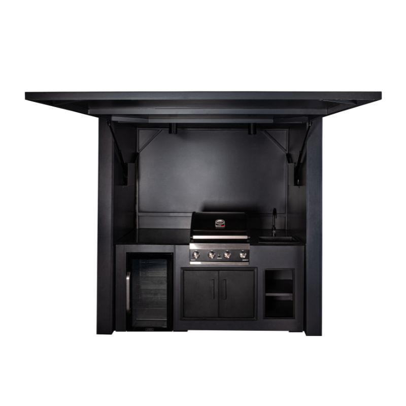 Grillandia Dual Multi Cabana Anthracite with Premium G4 4-Burner Gas BBQ, Klarstein Beersafe XXL Onyx Showcase Drink Cooler, Granite Worktop, LED Lighting, Bar Stools & Storage