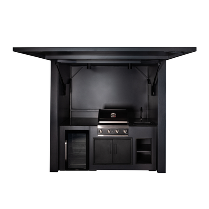 Grillandia Dual Multi Cabana Anthracite with Premium G4 4-Burner Gas BBQ, Klarstein Beersafe XXL Onyx Showcase Drink Cooler, Granite Worktop, LED Lighting, Bar Stools & Storage