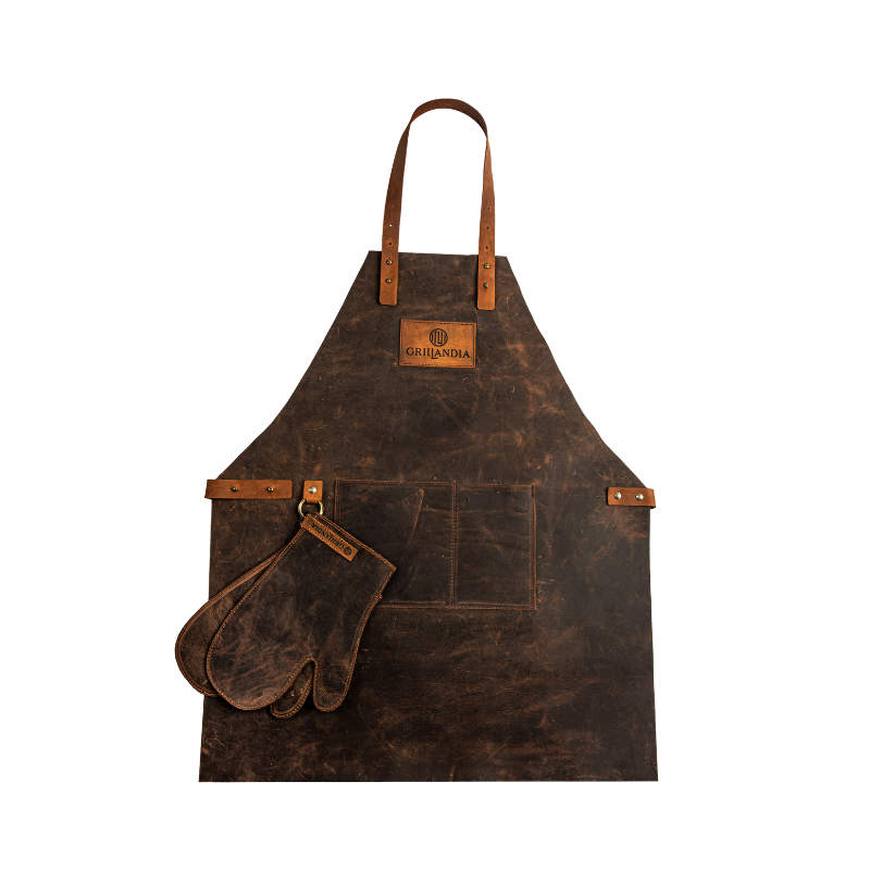 BBQ Apron Dark Brown Leather with Adjustable Straps, Heat Resistant 240°C, Double Pocket & Antique Copper Rivets