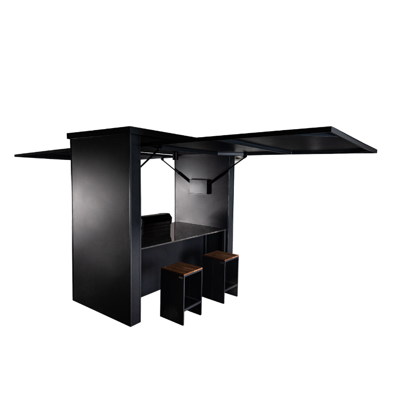 Grillandia Dual Multi Cabana Anthracite with Premium G4 4-Burner Gas BBQ, Klarstein Beersafe XXL Onyx Showcase Drink Cooler, Granite Worktop, LED Lighting, Bar Stools & Storage