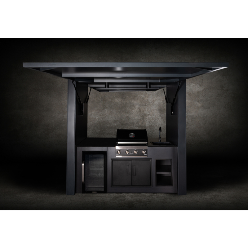 Grillandia Dual Multi Cabana Anthracite with Premium G4 4-Burner Gas BBQ, Klarstein Beersafe XXL Onyx Showcase Drink Cooler, Granite Worktop, LED Lighting, Bar Stools & Storage