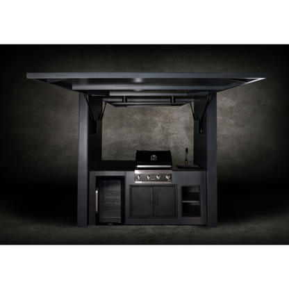 Grillandia Dual Multi Cabana Anthracite with Premium G4 4-Burner Gas BBQ, Klarstein Beersafe XXL Onyx Showcase Drink Cooler, Granite Worktop, LED Lighting, Bar Stools & Storage