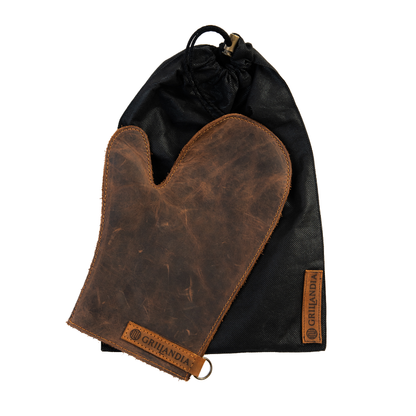 BBQ Gloves Pull-Up Cow Leather Heat Resistant 240°C Two-Finger Style with Hanging Hook & Apron Attachment Loop