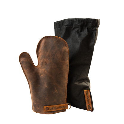 BBQ Gloves Pull-Up Cow Leather Heat Resistant 240°C Two-Finger Style with Hanging Hook & Apron Attachment Loop
