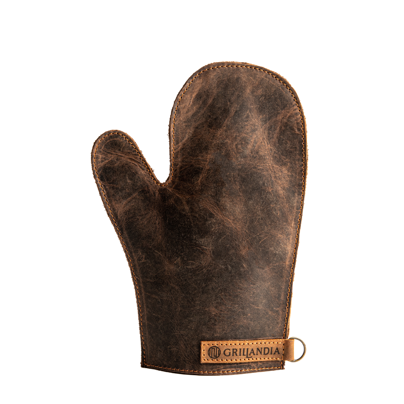 BBQ Gloves Pull-Up Cow Leather Heat Resistant 240°C Two-Finger Style with Hanging Hook & Apron Attachment Loop