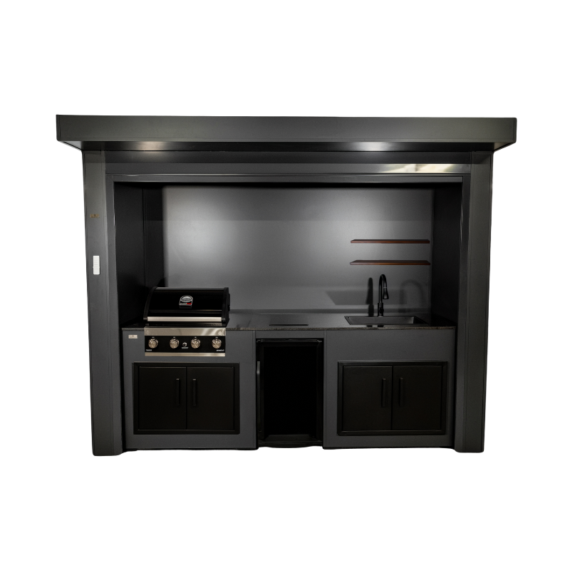 Grillandia Roll Grill Cabana Anthracite with Grandhall Premium G4 Gas BBQ, Beverage Cooler, Induction Domino Cooktop, Sink, Granite Worktop, LED Lighting & Storage