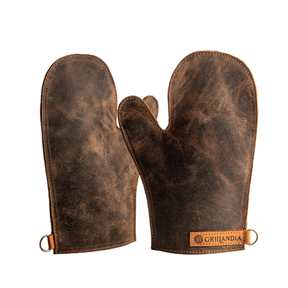 BBQ Gloves Pull-Up Cow Leather Heat Resistant 240°C Two-Finger Style with Hanging Hook & Apron Attachment Loop
