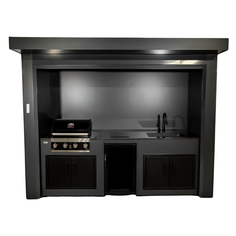 Grillandia Roll Grill Cabana Anthracite with Grandhall Premium G4 Gas BBQ, Beverage Cooler, Induction Domino Cooktop, Sink, Granite Worktop, LED Lighting & Storage