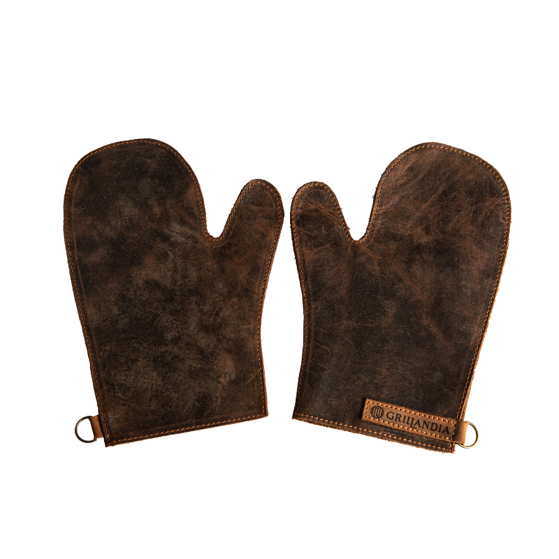 BBQ Gloves Pull-Up Cow Leather Heat Resistant 240°C Two-Finger Style with Hanging Hook & Apron Attachment Loop
