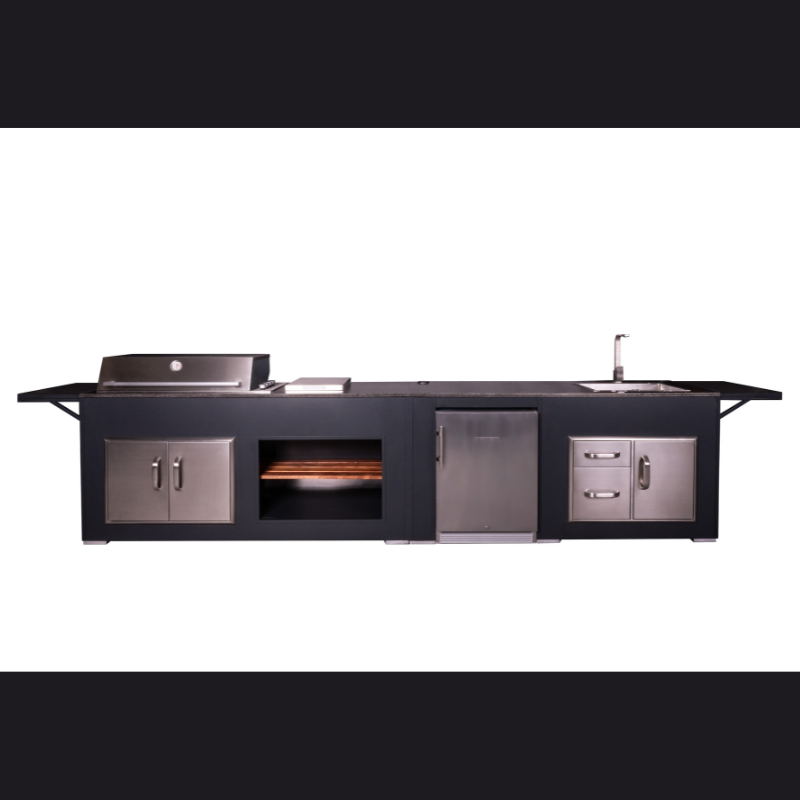 Grillandia Medium Rare Pro Line Outdoor Kitchen Anthracite with Beefeater & Grandhall Gas BBQs, Side Burner, Sink, Liebherr Fridge, Gas Hob & Granite Worktop