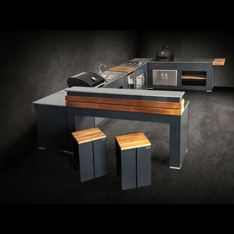 Grillandia Well Done Outdoor Kitchen Anthracite with Grandhall G4 Gas BBQ, Boretti Kamado, Drink Cooler, Gas Hob, Sink, Granite Worktop, Bar Seating & Storage