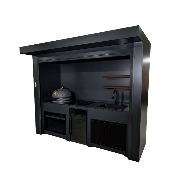 Grillandia Roll Kamado Cabana Anthracite with Boretti Ceramica L Charcoal Kamado, Klarstein Beersafe XXL Showcase Beverage Cooler, Induction Cooktop, Sink, Granite Worktop, LED Lighting & Storage