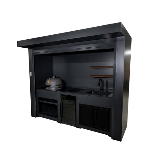Grillandia Roll Kamado Cabana Anthracite with Boretti Ceramica L Charcoal Kamado, Klarstein Beersafe XXL Showcase Beverage Cooler, Induction Cooktop, Sink, Granite Worktop, LED Lighting & Storage