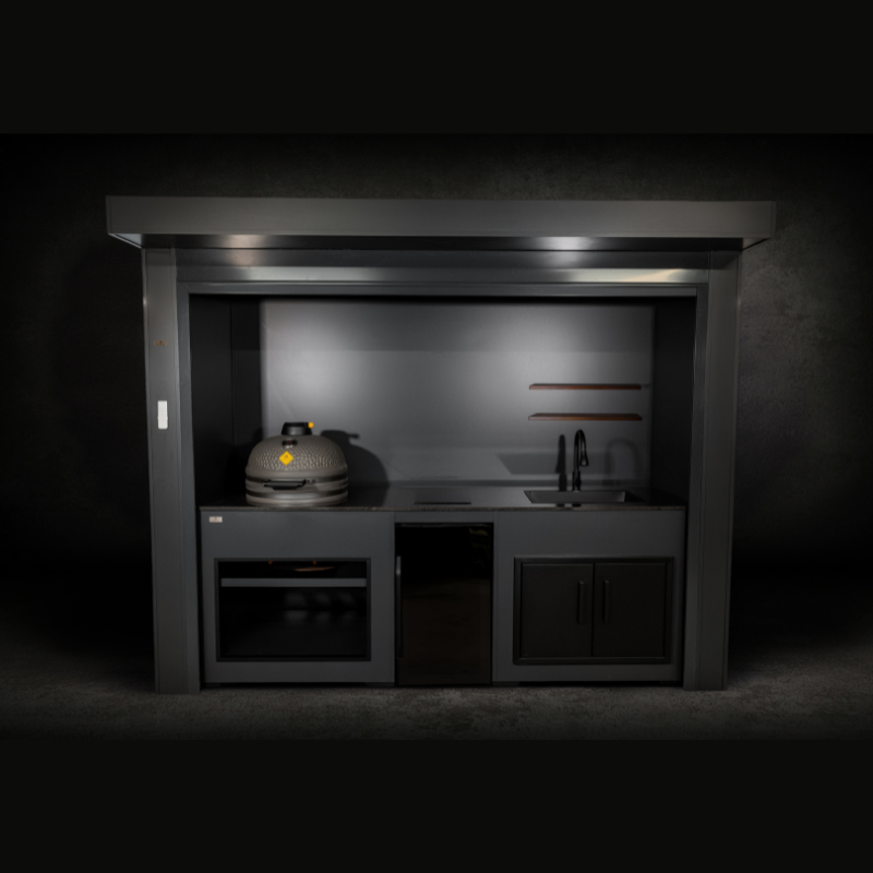 Grillandia Roll Kamado Cabana Anthracite with Boretti Ceramica L Charcoal Kamado, Klarstein Beersafe XXL Showcase Beverage Cooler, Induction Cooktop, Sink, Granite Worktop, LED Lighting & Storage