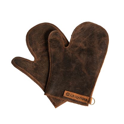 BBQ Gloves Pull-Up Cow Leather Heat Resistant 240°C Two-Finger Style with Hanging Hook & Apron Attachment Loop